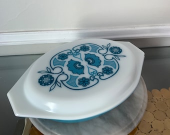 Vintage Pyrex Horizon Blue Divided Oval Casserole Dish With Lid Oven Proof Retro Decor