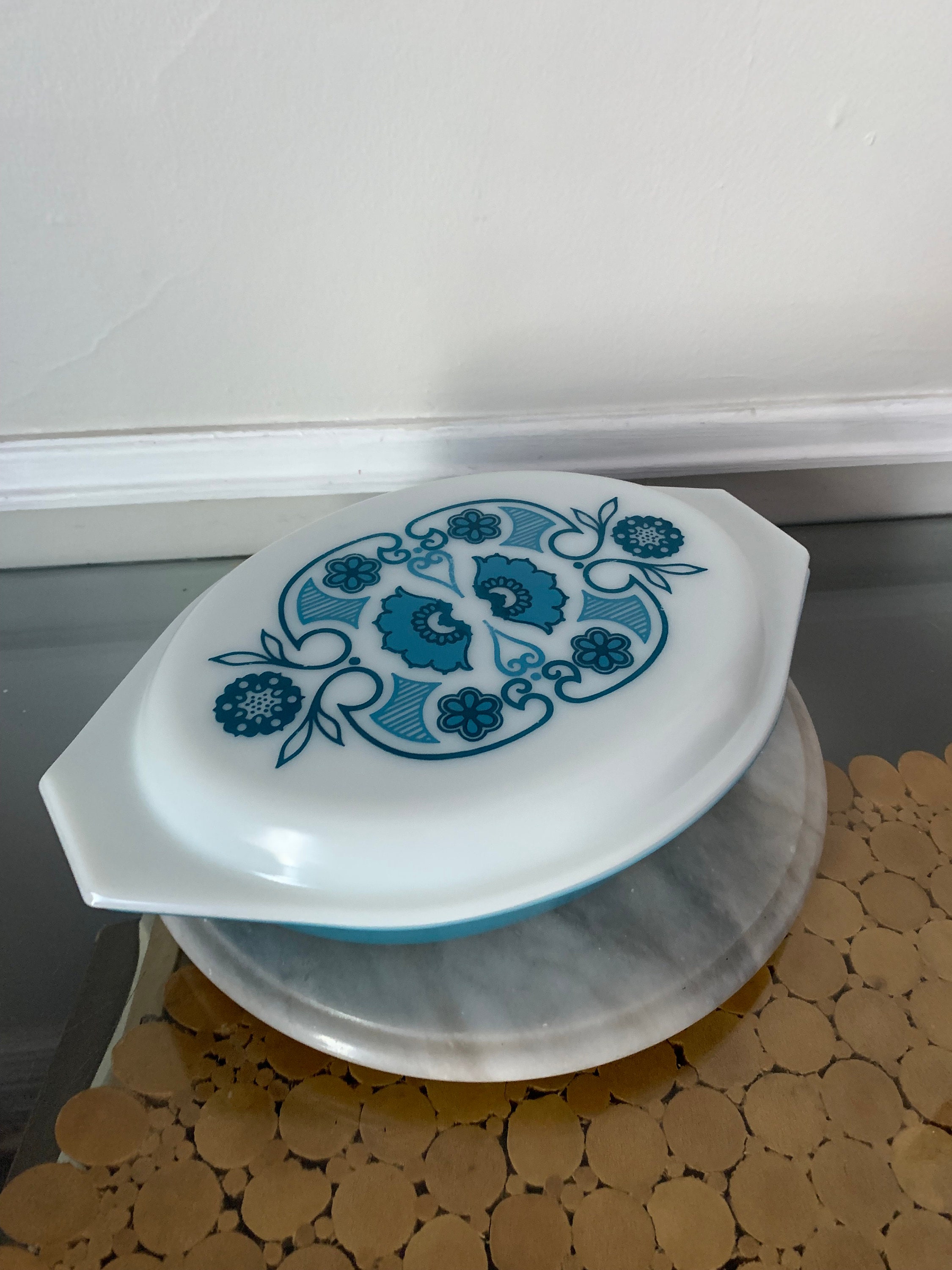 Vintage Pyrex Horizon Blue Divided Oval Casserole Dish With Lid