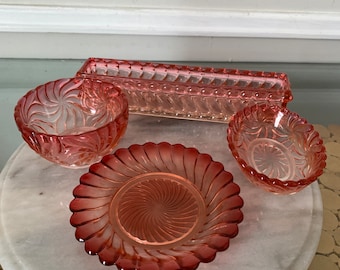 Antique Signed Baccarat 4 Piece Bambous Tors Cristal Rose Teinte Crystal Pieces Long Rectangular Dish Small Bowl Oval Dish and Plate