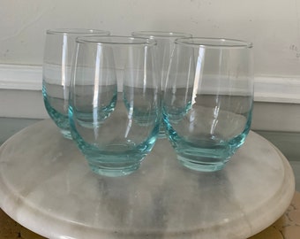 Retro Set of 4 Libbey Tempo Turquoise Aqua Blue Juice Glasses