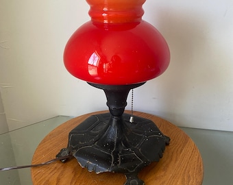 Vintage Painted Brass and Red Glass Shade with Hurricane Lantern  Table Lamp