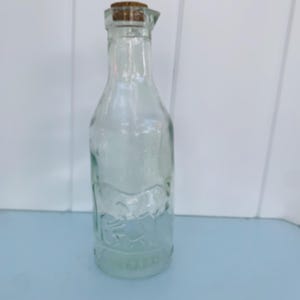 Puede incluir: Una botella de vidrio transparente con un tapón de corcho. La botella tiene una superficie texturizada y un fondo redondeado.