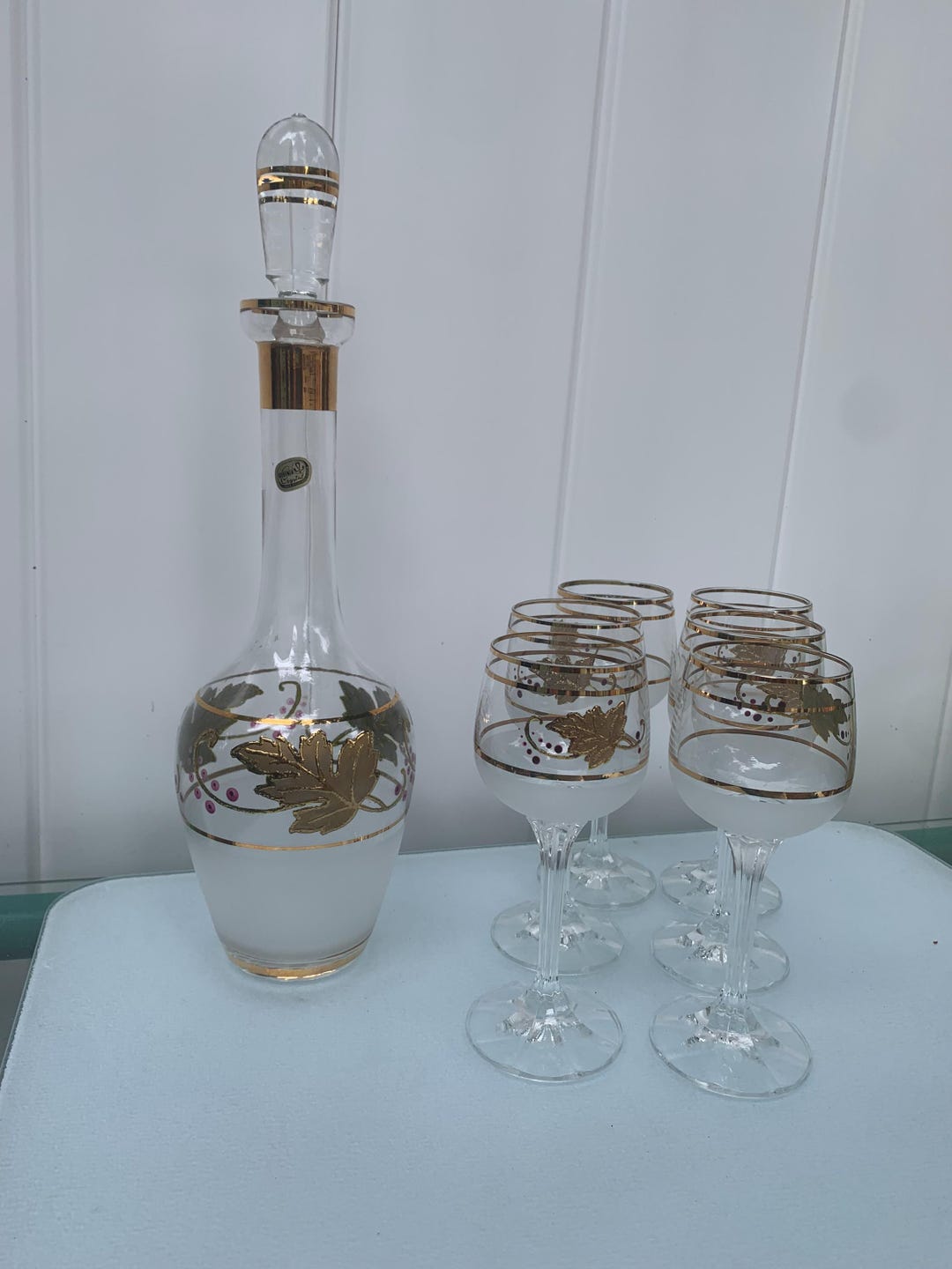 Vintage Set of Bohemia Crystal Decanter With 6 Satin Glasses
