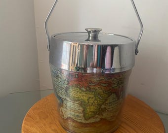 MCM Clear Acrylic Ice Bucket with Map Inside and Chrome Top Made in Japan