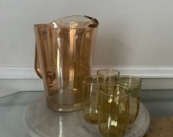 Vintage Pfirsich Luster Glas Krug und 4 kleine Saft Gläser