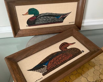 Pair of Vintage William P. Tyner Ink Paintings on Burlap of Duck Decoy in Wood Frames