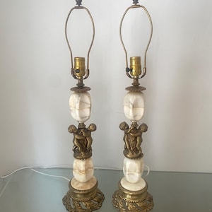 Pair of Gorgeous Marble Table Lamps with Brass Cherubs Made in Italy