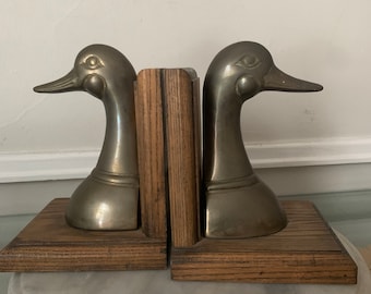 Pair of Vintage Solid Brass Duck Head Book Ends with Wood Base