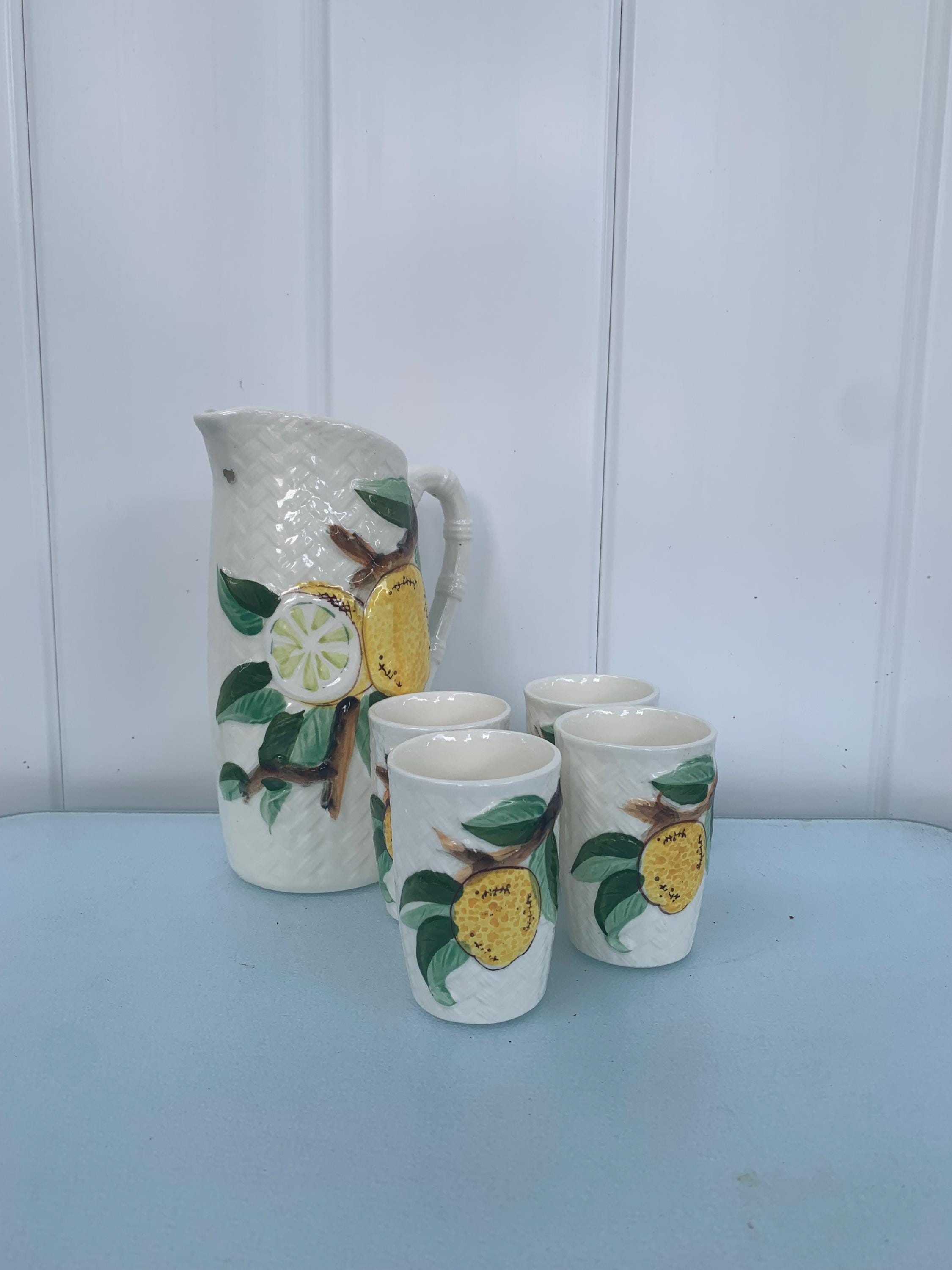 Vintage Hand Painted Ceramic Lemon Pitcher and 4 Cups Made