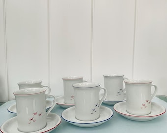 Set of 6 Eschenbach Red & Blue Bavaria Germany Seagull Espresso Cups and Saucers