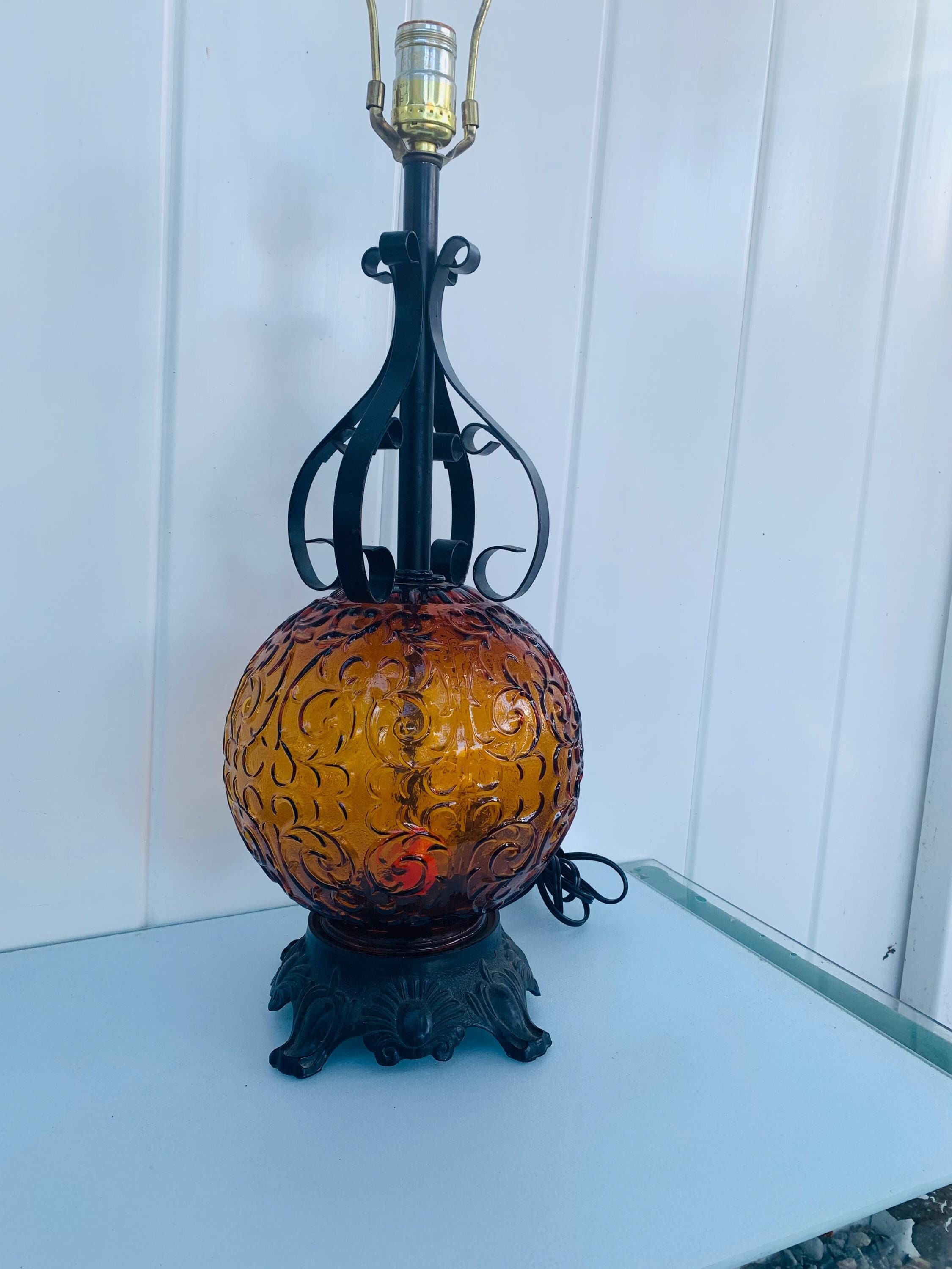 MCM Amber Glass Globe Tri-lite Lamp With Black Metal Details No