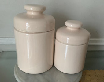 Vintage 2pc Kitchen Lidded Blush Pink Ceramic Graduated Canister Set