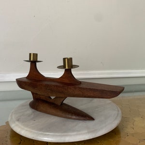MCM Hand Carved Teak Ship & Brass Candle Holder