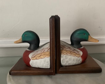 Retro Pair of Ceramic Duck Book Ends with Wood Base