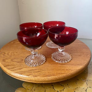 Set of 4 Vintage Ruby Red Bowl Wine Glasses with Bubble Lace Stem