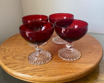 Set of 4 Vintage Ruby Red Bowl Wine Glasses with Bubble Lace Stem