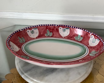 Hand Painted Retro Solimene Vietri Sul Mare Italy, Decoro Campagna, Pulcino Chicken, Made in Italy Red Oval Serving Dish