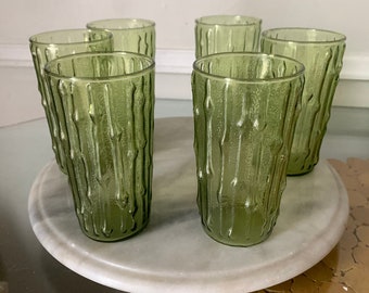 Set of 6 MCM Anchor Hocking "Tahiti Bamboo " Avocado Green Textured Glass Tumblers