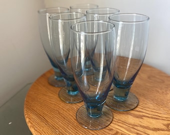 Vintage Set of 6 Light Blue Footed Water Glasses