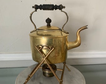 William Soutter & Sons Antqiue Brass Tipping Teapot with Stand and Warmer