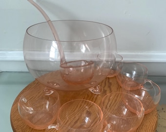 Vintage Hand-Blown Clear Pink Glass Punch Bowl and 6 Glass Set with Glass Ladle
