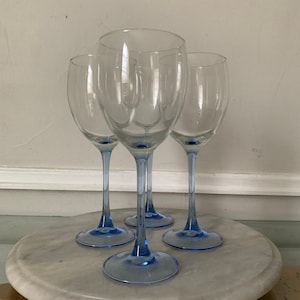 Set of 4 Retro White Wine Light Blue Stem Luminarc Wine Glasses Made in France
