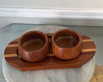 Set of 3 Vintage Hand Carved Wood Bowls Tray