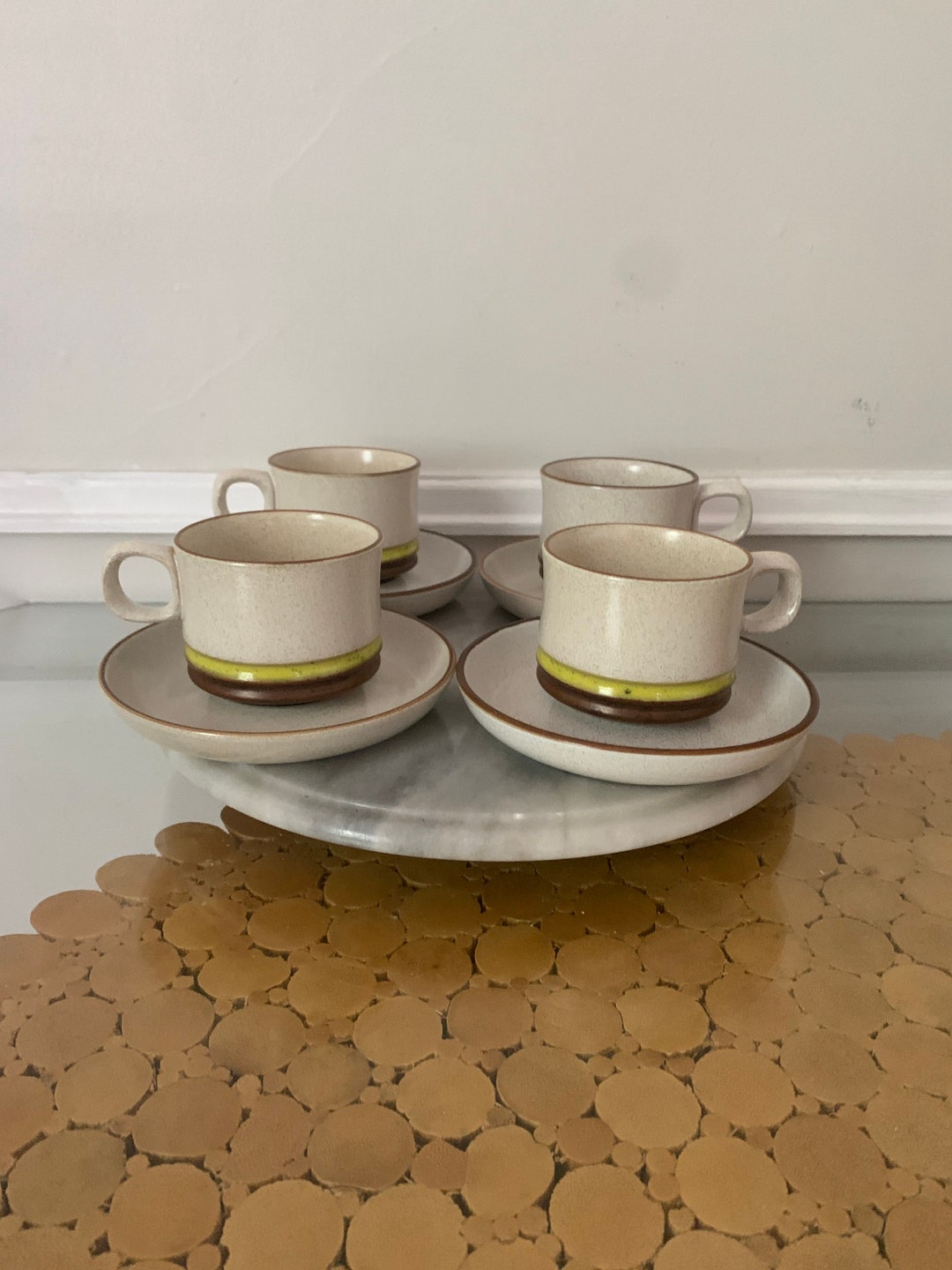 Retro Set of 4 Denby Potter's Wheel Yellow Stripe Cup and Saucer Set