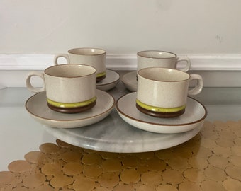 Retro Set of 4 Denby Potter's Wheel Yellow Stripe Cup and Saucer Set Made in England 2 Sets Available