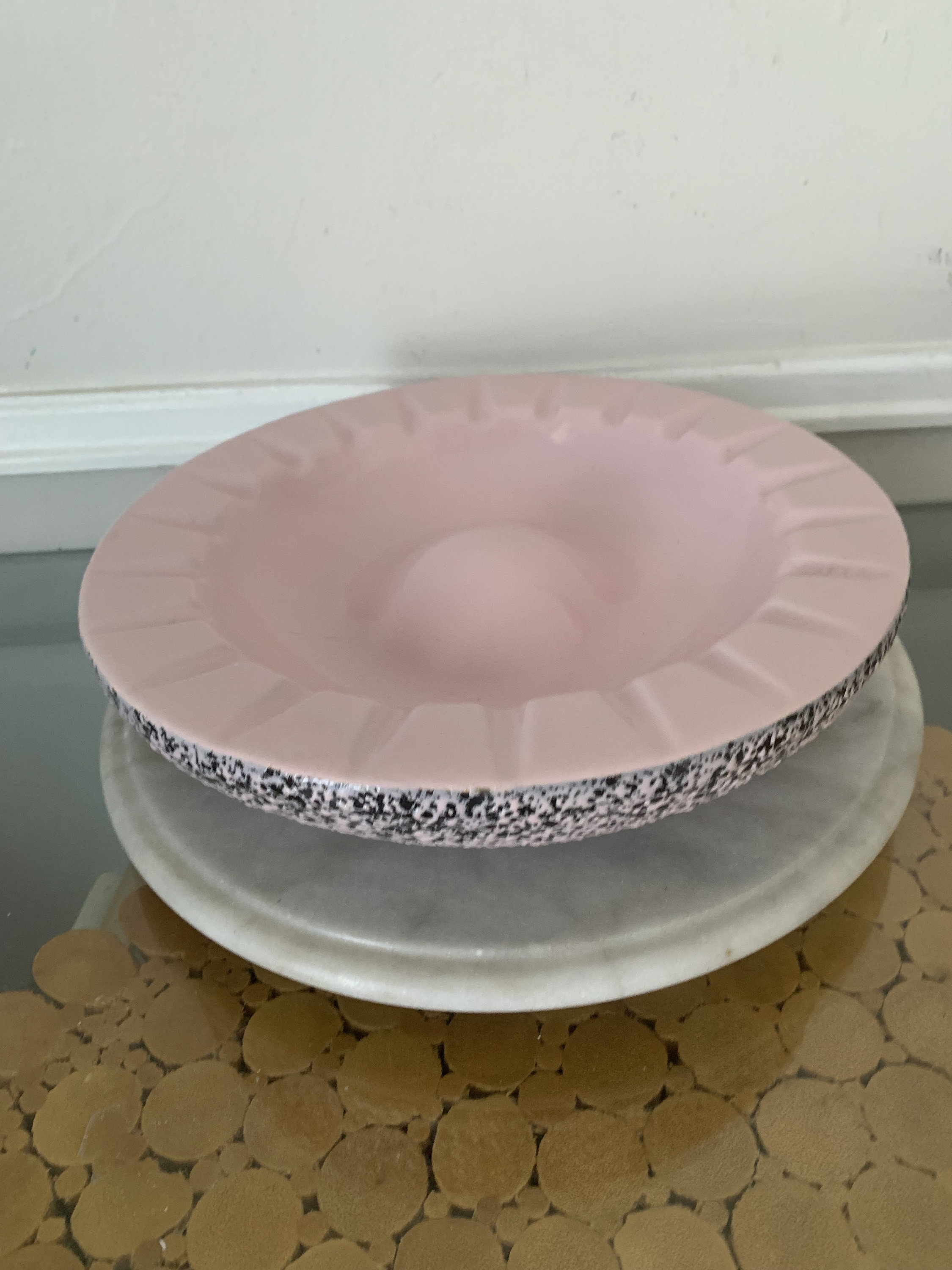 Large MCM Pink Kenwood Pottery Ashtray With Black Confetti Finish
