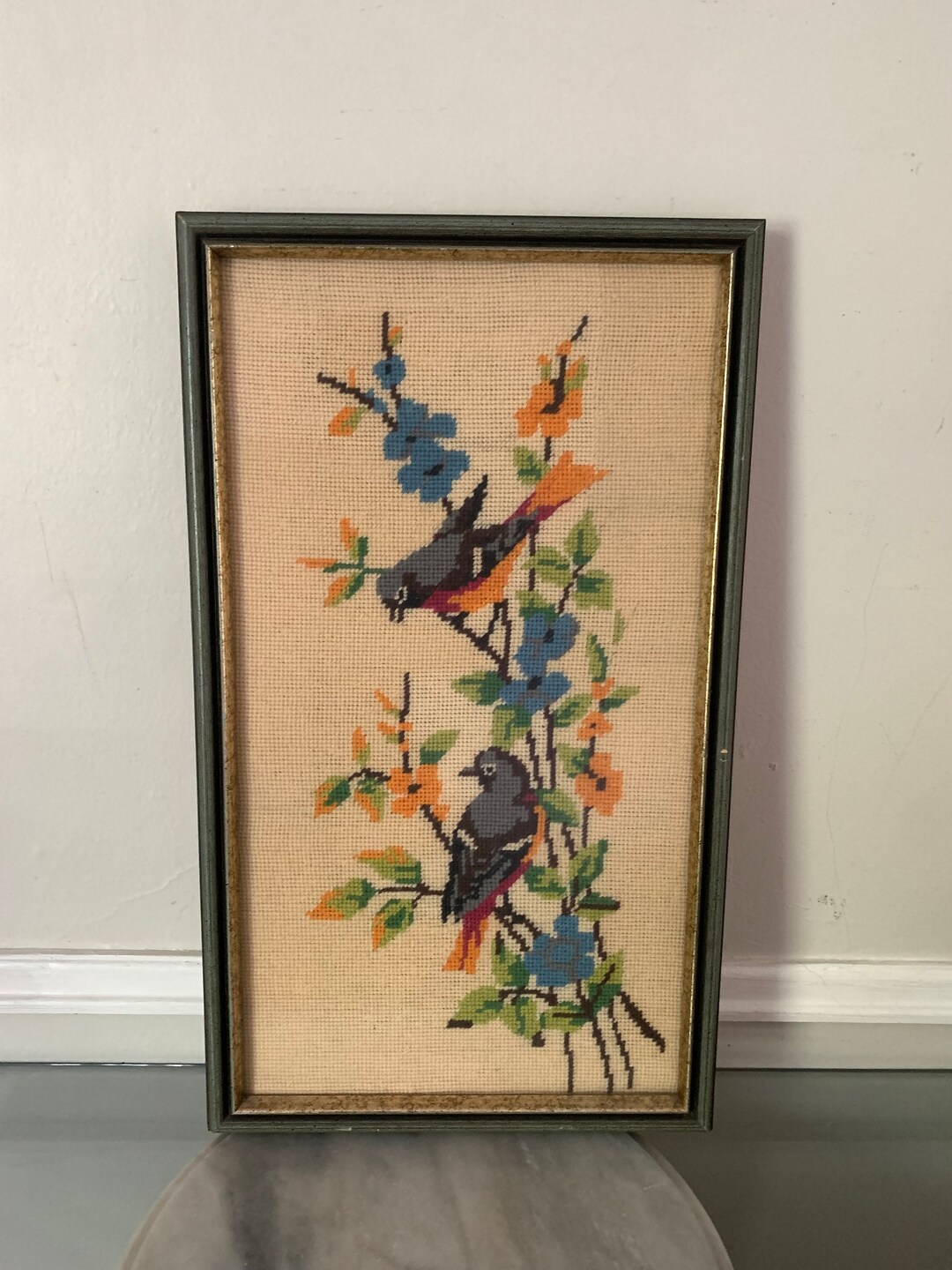 Tall Vintage Handmade Framed Blue Bird Embroidery Picture - Etsy