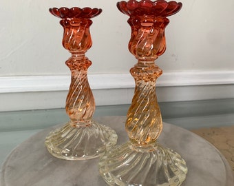 Pair of Antique Signed Baccarat "Rose Tiente" Swirl Candle Sticks