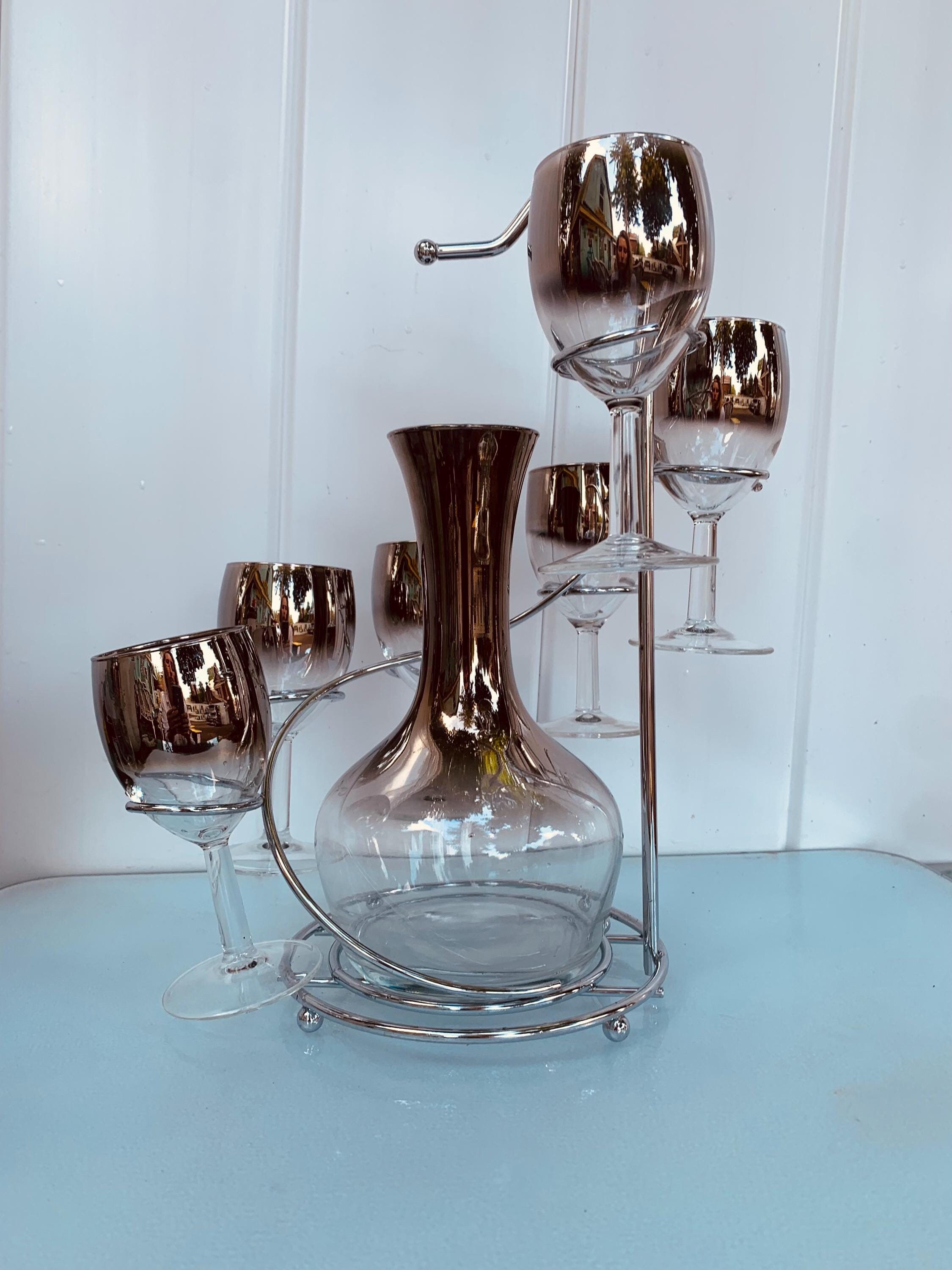 MCM Silver Fade Wine Glasses and Decanter Set With Chrome Caddy - Etsy