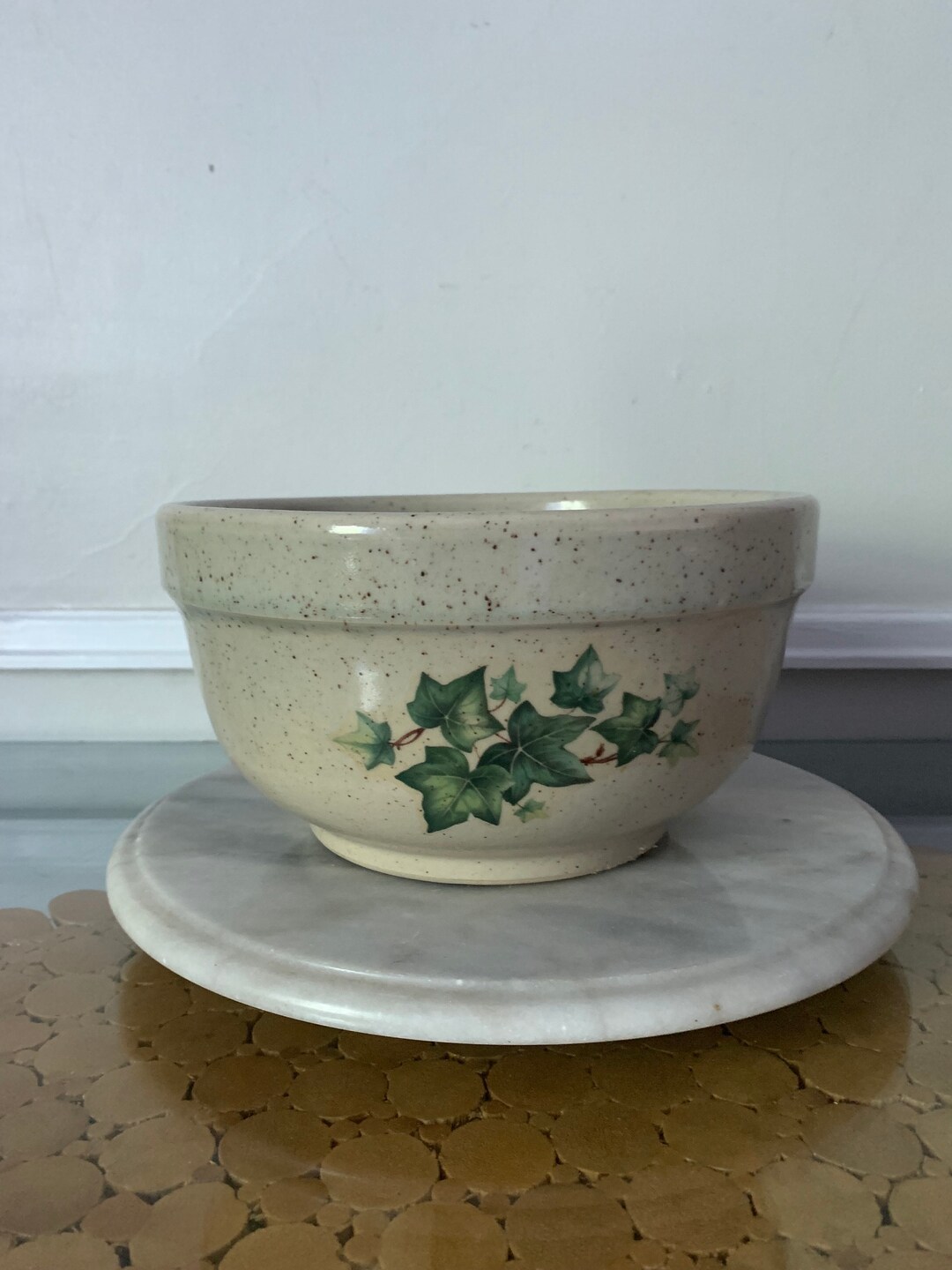 Large Vintage Speckled Pottery Bowl With Ivy Etsy
