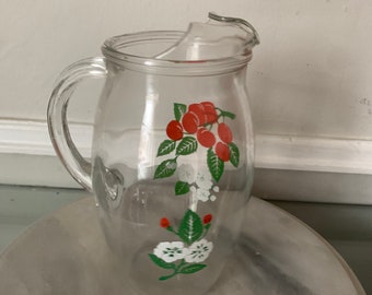 Vintage Small Red Cherry Glass Pitcher with Handle