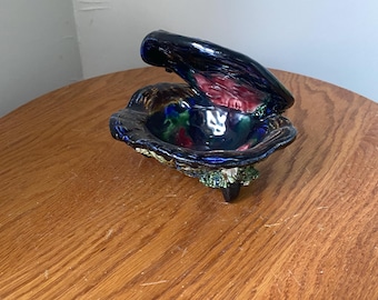 Vintage Colourful Ceramic Oyster Shell Trinket Dish
