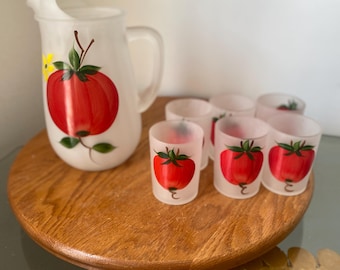 Vintage Frosted Hazel Atlas Hand Painted Tomato Pitcher with 6 Juice Glasses Frosted