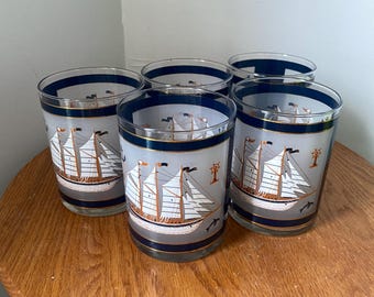 Set of 5 Vintage Low Ball Ship Glass Tumblers