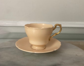 Vintage Solid Soft Cream Double Warrant Paragon Tea Cup & Saucer with Gold Handle