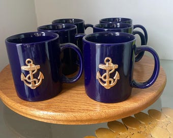 Set of 6 Retro Cobalt Blue Ceramic Mugs with Gold Anchor Detail Made in Canada