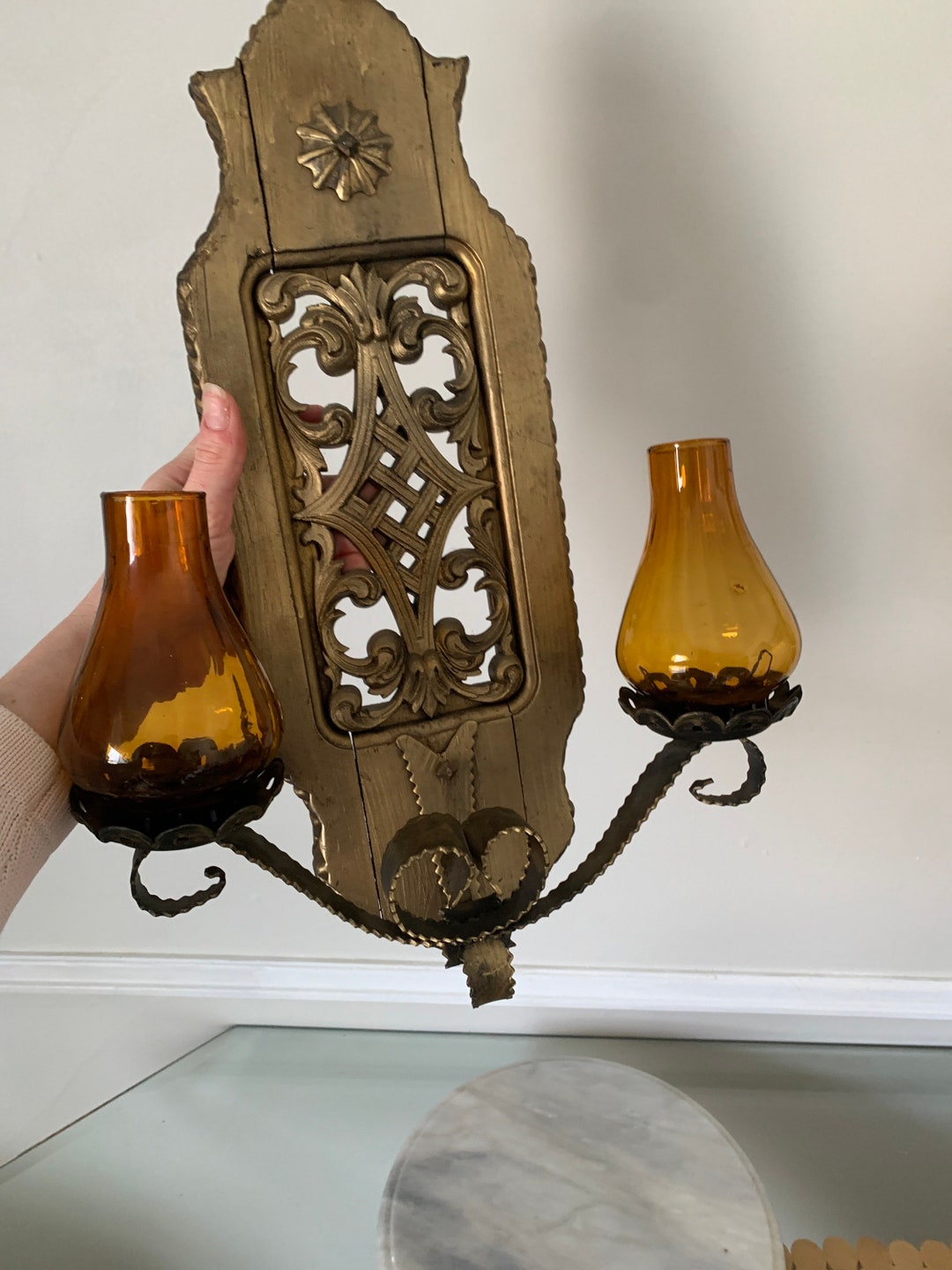 Vintage Large Wooden Candle Wall Sconces With Yellow Glass Hurricane