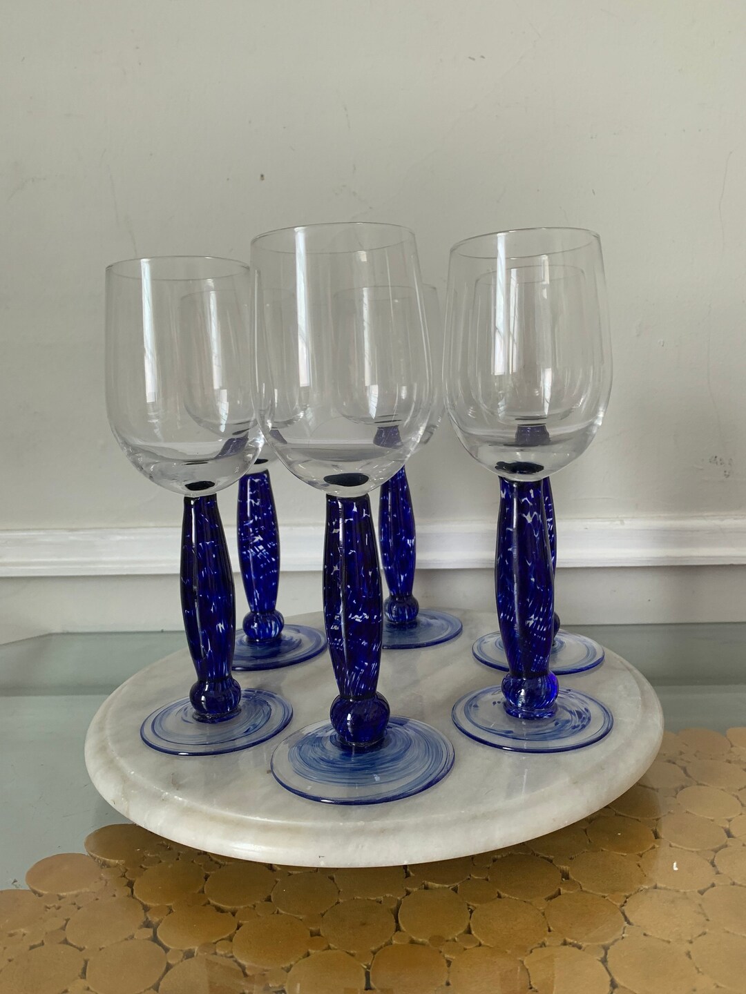Set of 6 Retro Speckled Cobalt Blue Stem Wine Goblets Etsy