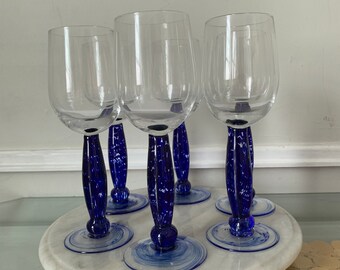 Set of 6 Retro Speckled Cobalt Blue Stem Wine Goblets