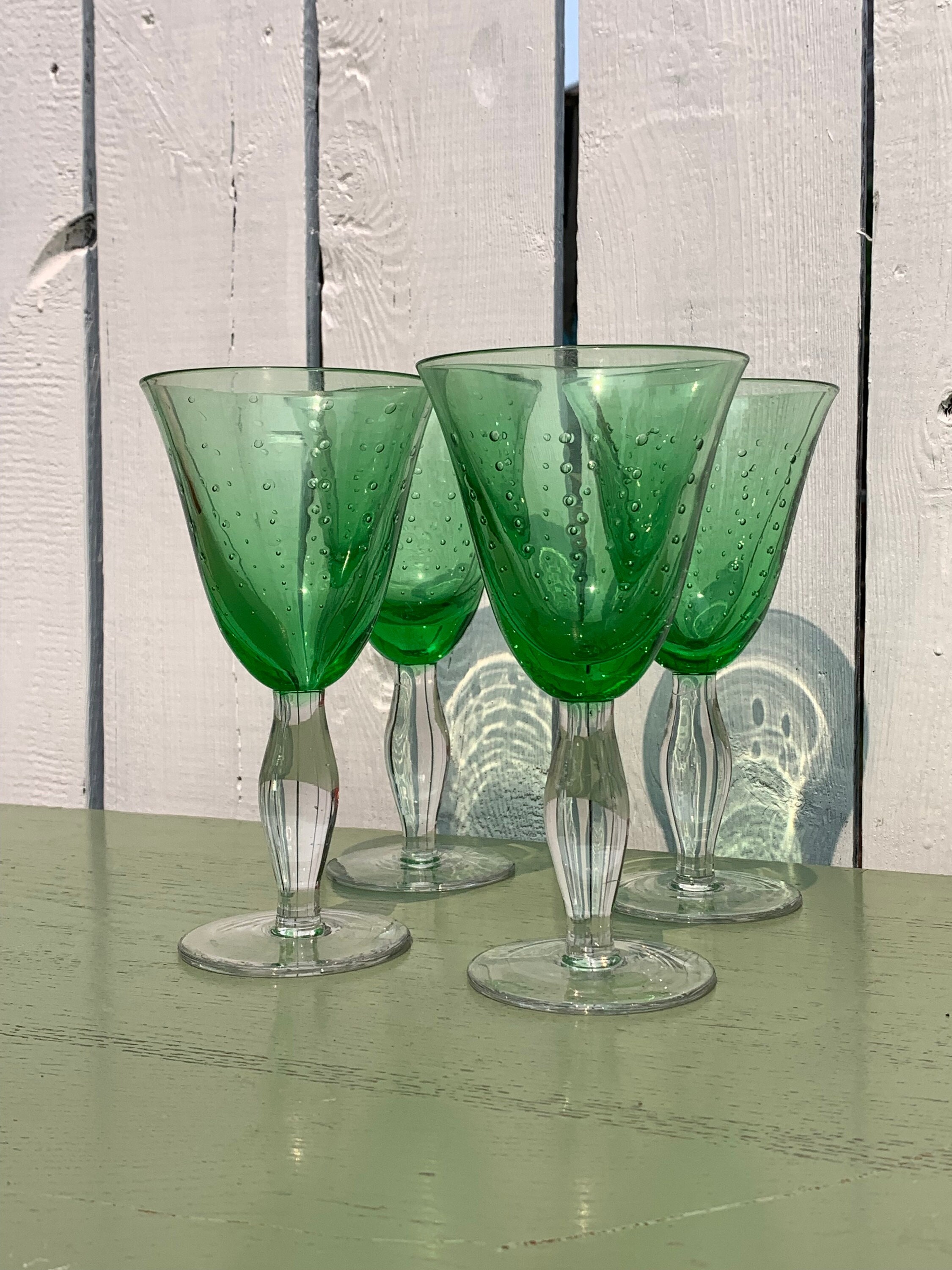 Set of 4 Retro Heavy Lime Green Bubble Glass Footed Wine Glasses - Etsy