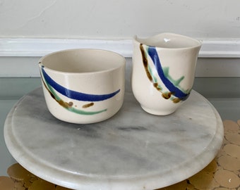 Handmade  Cream Pottery with Jade and Cobalt Stripe Cream and Sugar Set