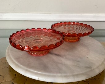 Antique Baccarat Pair of Cristal Rose Teinte 5 1/2" Low Compote Pedestal Pastry Plates Swirl and Moulure Russe Patterns