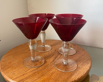 Vintage Set of 4 Ruby Red Martini Glasses