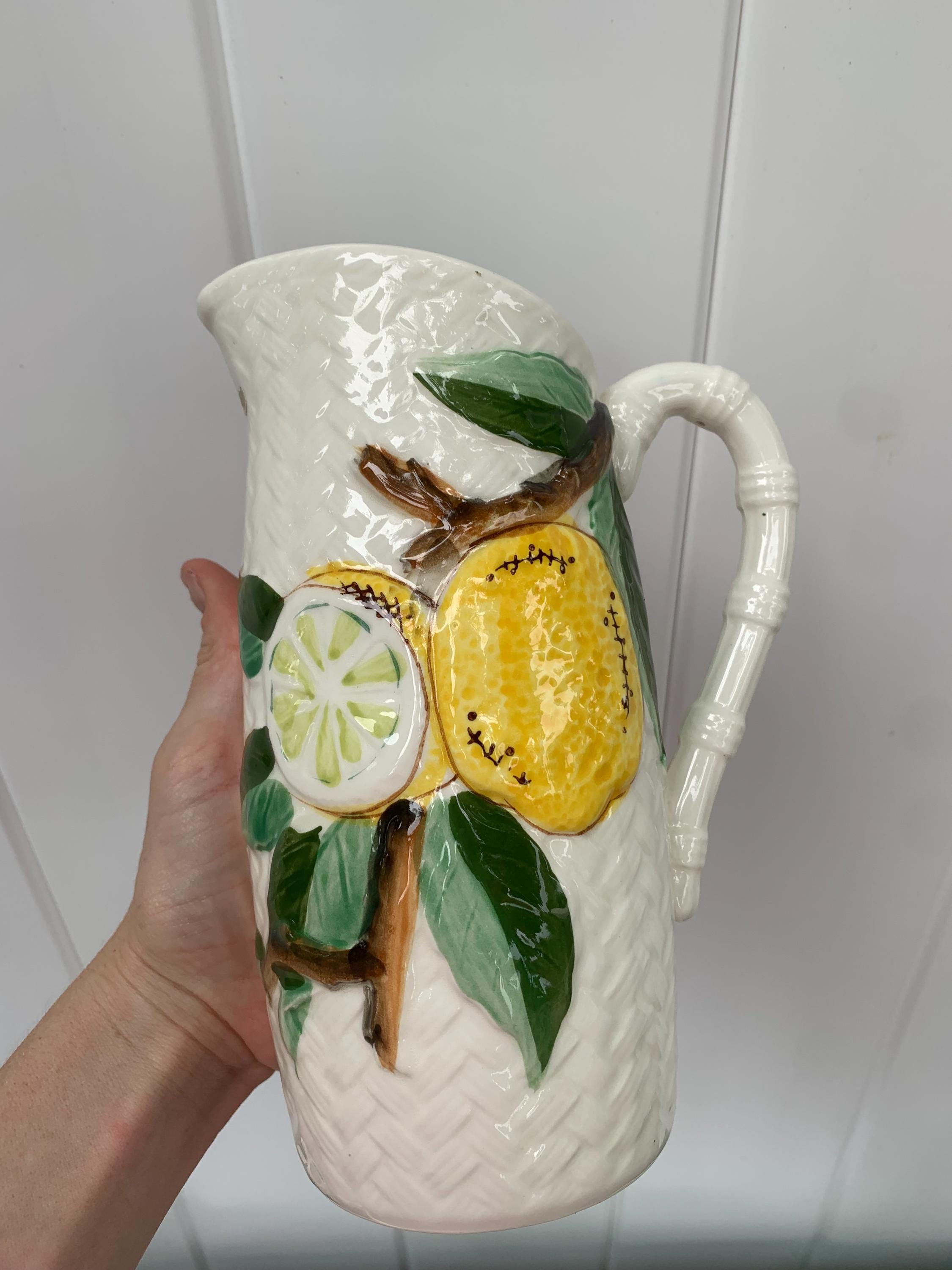 Vintage Hand Painted Ceramic Lemon Pitcher and 4 Cups Made