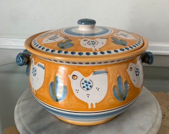 Hand Painted Retro Solimene Vietri Sul Mare Italy, Decoro Campagna, Pulcino Chicken, Made in Italy Yellow Covered Soup Vegetable Tureen