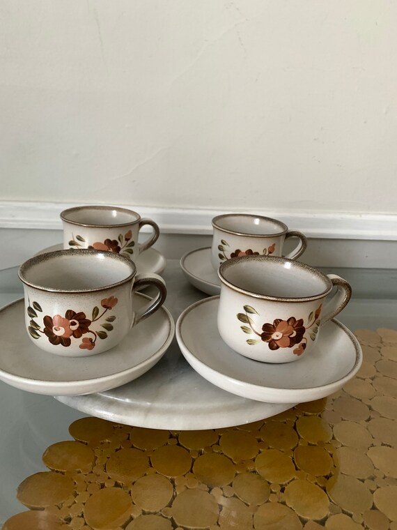 Retro Set of 4 Denby Potter's Wheel Flower Cup and Saucer Retro Set of 4 Denby Potter's Wheel Flower Cup and Saucer